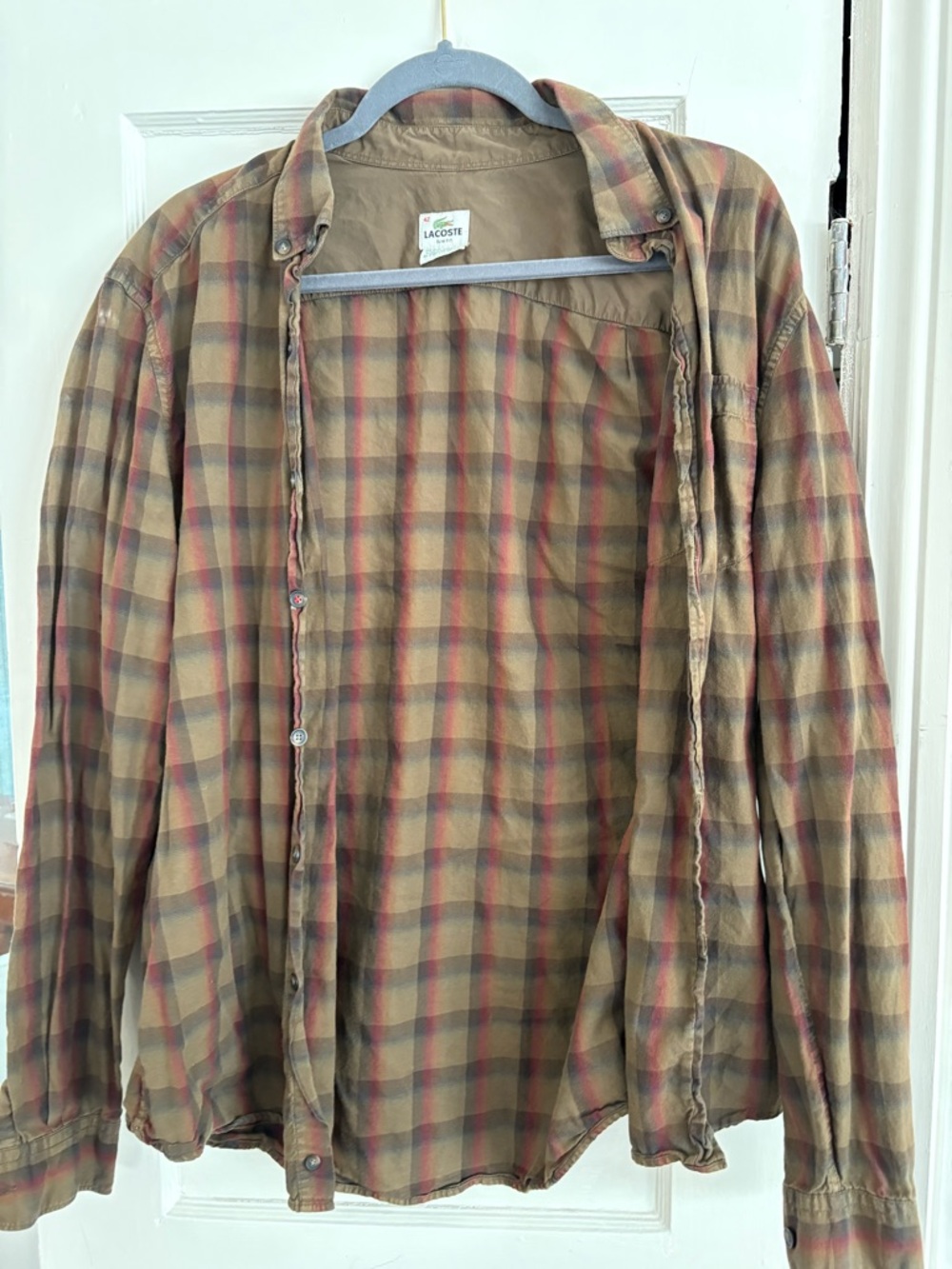 Lacoste Men's Plaid Button-Front Lightweight Shirt Jacket - Olive, Brown & Red